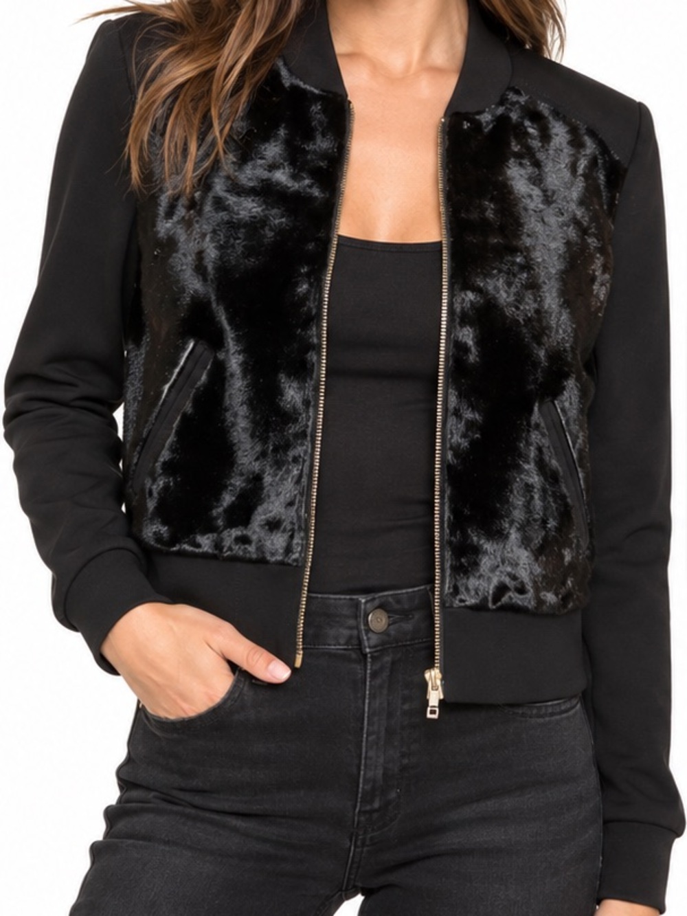 DREW Genuine Pony Skin Leather Black Bomber Jacket Made in USA Size Small